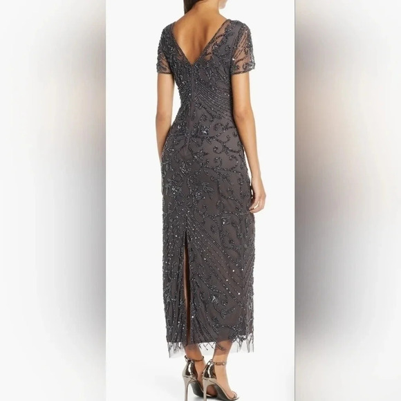 PISARRO NIGHTS 14 Beaded Mesh Column Gown Slate NWT - Picture 2 of 16